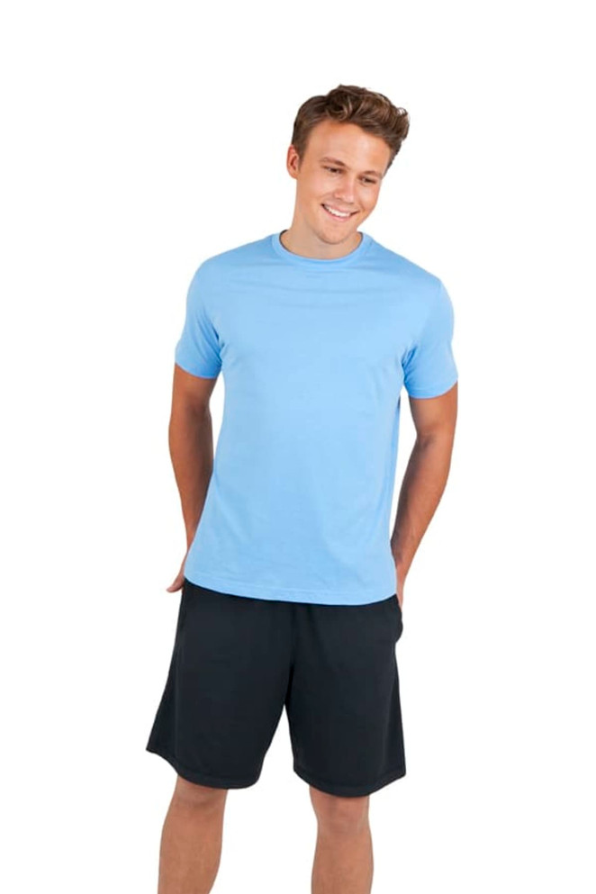 A light blue unisex t-shirt with short sleeves displayed on a male model wearing black shorts.