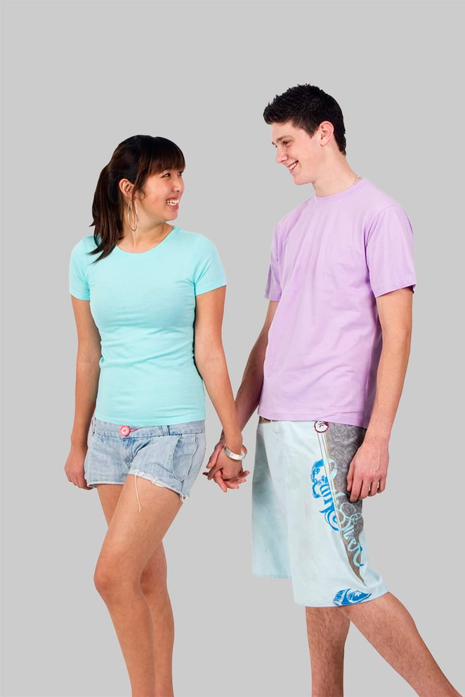A mint green unisex T-shirt and a lavender unisex T-shirt worn by two models holding hands, with a logo on the shirts.
