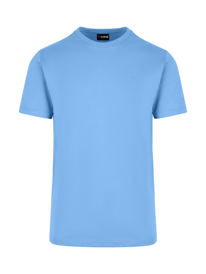 A light blue unisex American style t-shirt with a round neckline and short sleeves, featuring a logo on the tag.