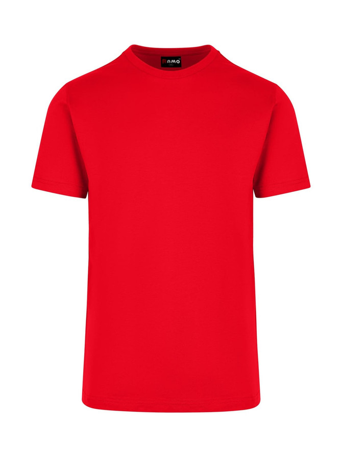 A red unisex American style t-shirt with a crew neck and short sleeves. Features a branded label.