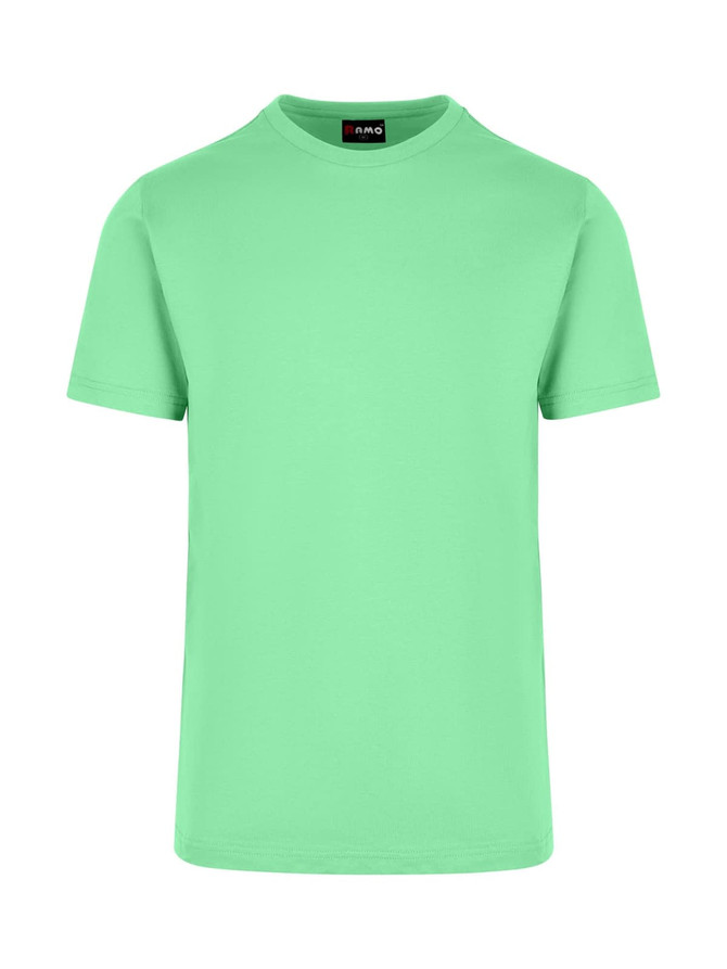 A mint green, unisex American style t-shirt with a round neckline and short sleeves. It features a logo on the label.