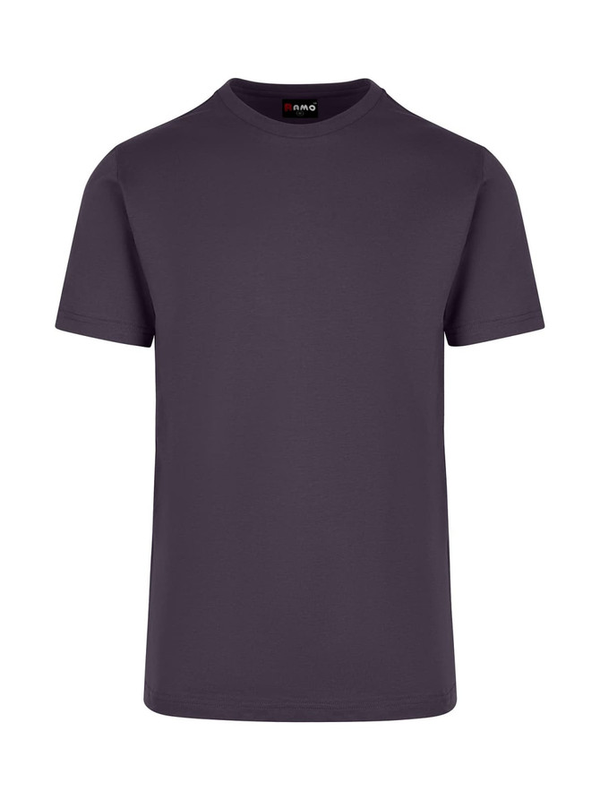 A unisex American style t-shirt in dark grey with a logo on the neck label.