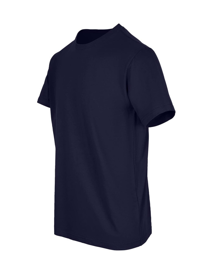 A navy blue unisex American style t-shirt with short sleeves and a crew neckline, featuring a logo.