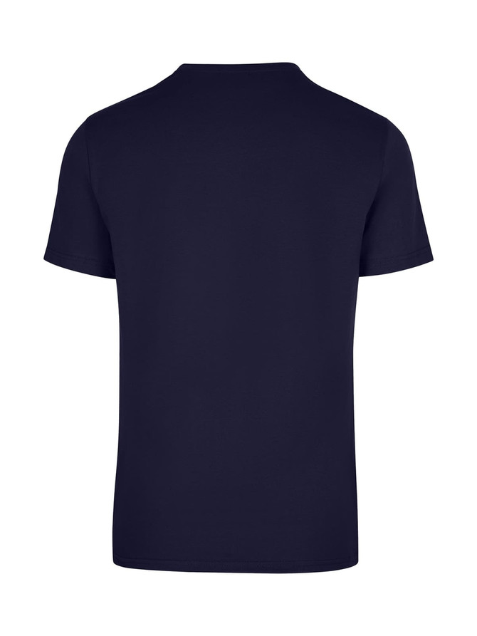 A navy blue unisex American style t-shirt with a short sleeve design and a plain back. It features a logo.