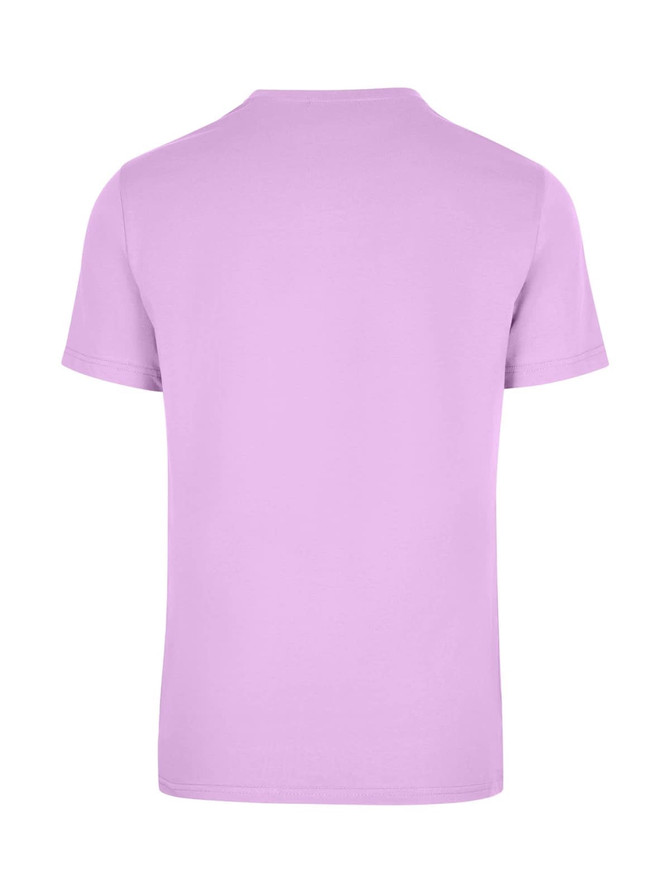 A unisex American style t-shirt in lavender with a plain back and a logo on the fabric.