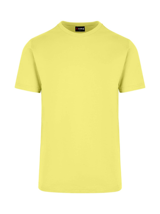 A bright yellow unisex American style t-shirt with a round neckline and short sleeves, featuring a logo.