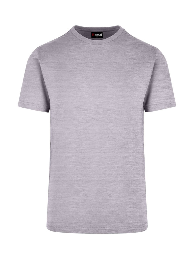 A grey unisex t-shirt with a round neck and short sleeves, featuring a logo on the label.