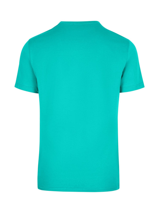 A unisex American style t-shirt in bright turquoise, featuring a classic crew neck and short sleeves, with a logo.