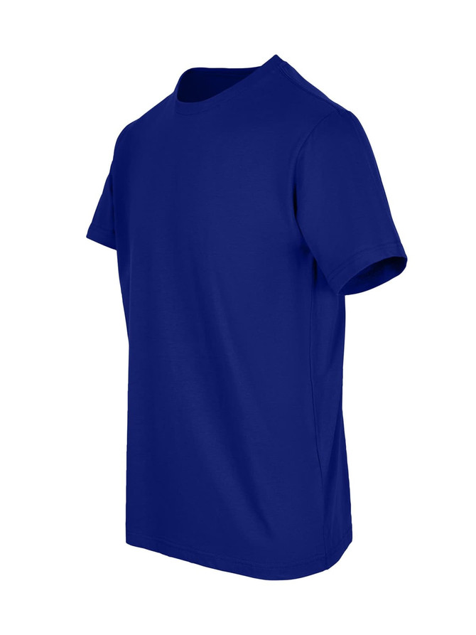 A blue unisex t-shirt displayed from a side angle, featuring a round neckline and short sleeves. It has a logo.