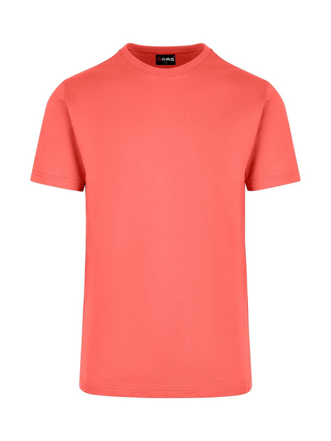 A coral unisex American style t-shirt with a round neck and short sleeves, featuring a logo at the collar.