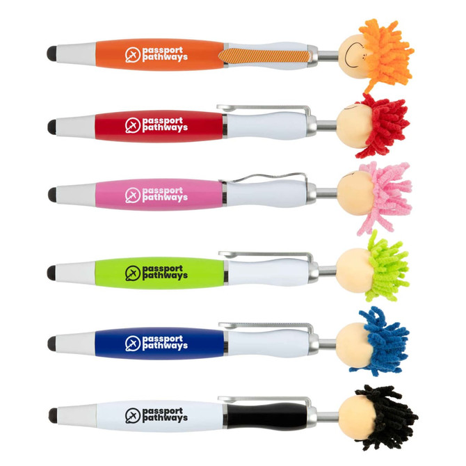 A variety of stylus pens in red, orange, green, blue, white, and black with pom-pom toppers and branding.