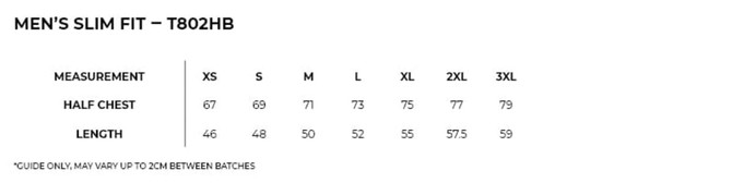 A chart displaying measurements for a men's slim fit T-shirt in various sizes, including half chest and length.
