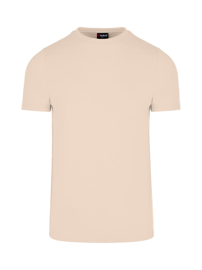 A beige men's slim fit t-shirt with a round neck and short sleeves, featuring a logo on the tag.