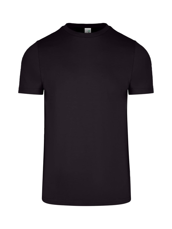 A black men's slim fit T-shirt with a round neck and short sleeves, featuring a logo on the label.