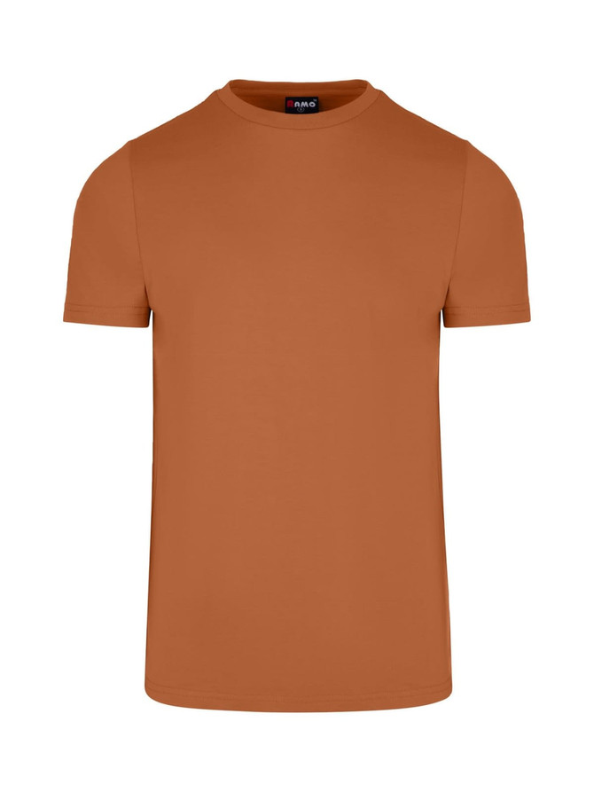 A men's slim fit t-shirt in a warm terracotta colour, featuring a crew neck and short sleeves. It has a logo on the label.