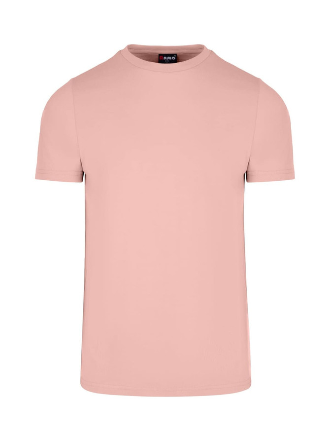 A short-sleeved men's slim fit t-shirt in a light peach shade, featuring a simple design and a logo on the collar.