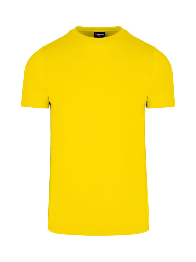 A yellow men's slim fit T-shirt with a crew neck and short sleeves, featuring a logo on the inside collar.