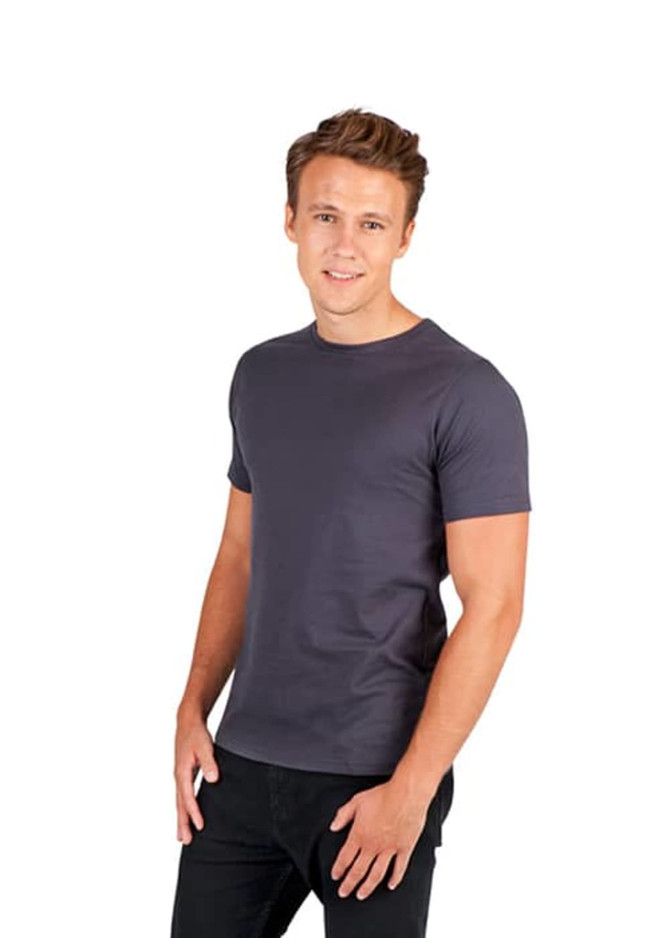 A men's slim fit t-shirt in dark grey, featuring a simple design and a logo on the front.
