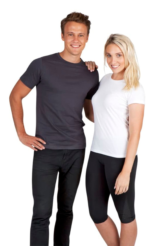 A men's slim fit T-shirt in grey and a women's T-shirt in white, displayed on two models. Both shirts feature branding.