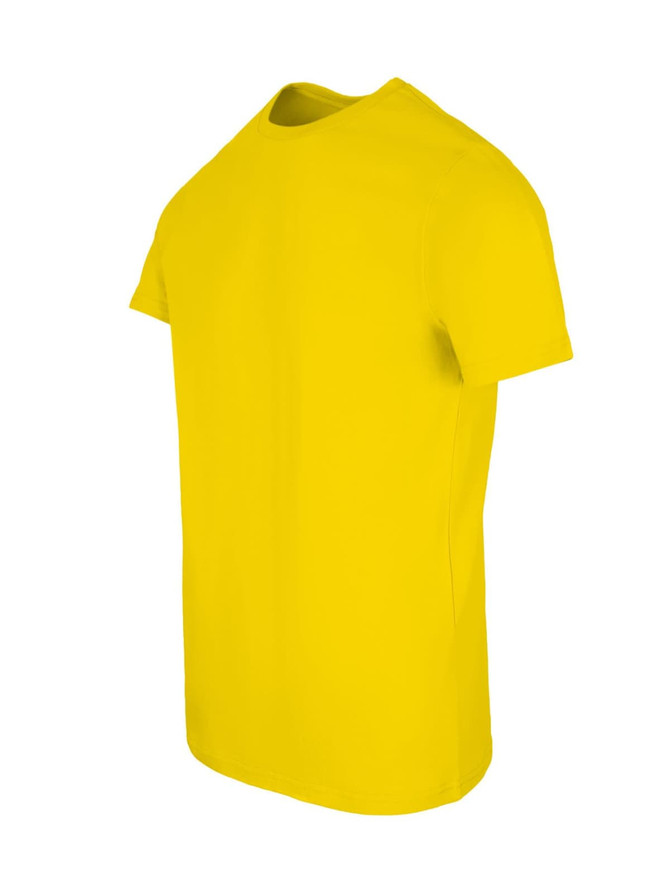 A bright yellow men's slim fit T-shirt displayed at an angle. The shirt has a clean design and features a logo.