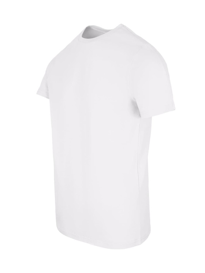 A plain white men's slim fit T-shirt, featuring short sleeves and a round neckline, with a logo on the side.