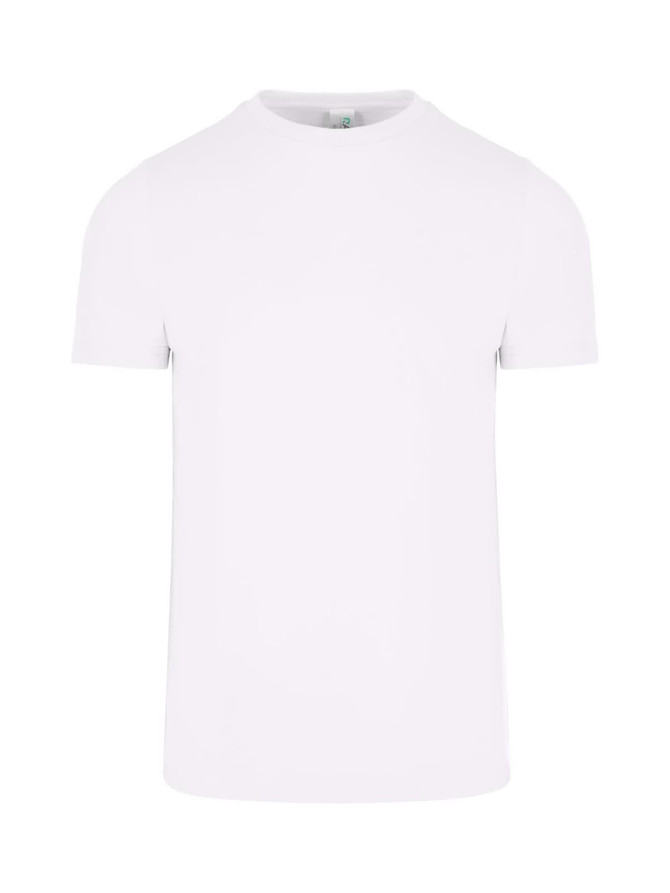 A plain white men's slim fit T-shirt with short sleeves and a logo on the label.