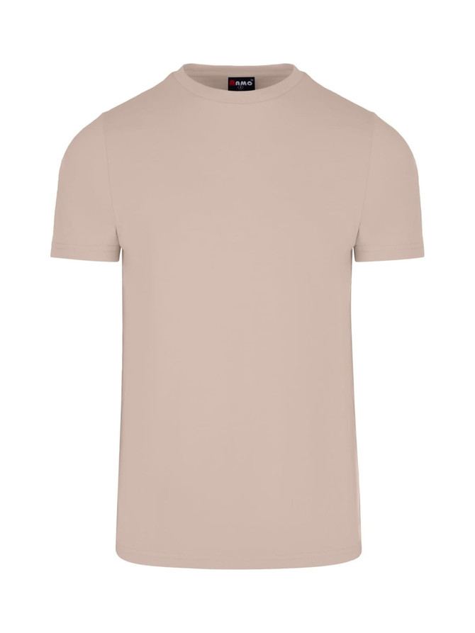 A beige men's slim fit T-shirt with a round neckline and short sleeves. It features a logo on the tag.