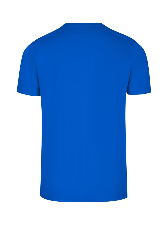 A blue men's slim fit T-shirt with a crew neckline and a simple design on the back.