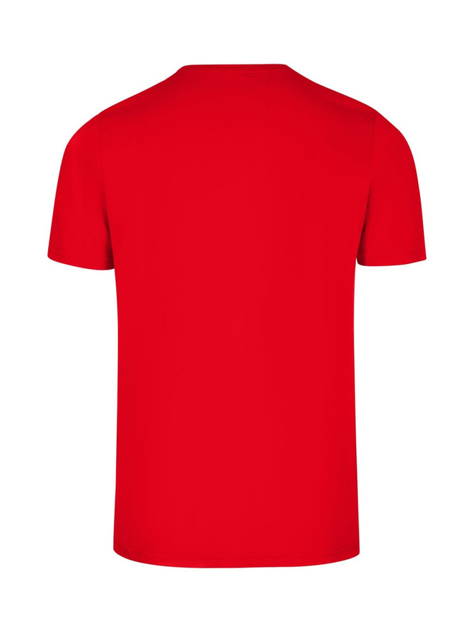 A red men's slim fit T-shirt, featuring a seamless design and a logo on the back.