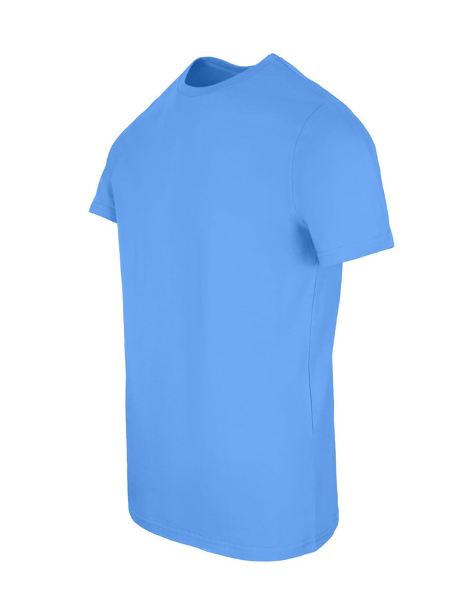 A blue men's slim fit T-shirt with a round neckline and short sleeves, featuring a logo on the front.