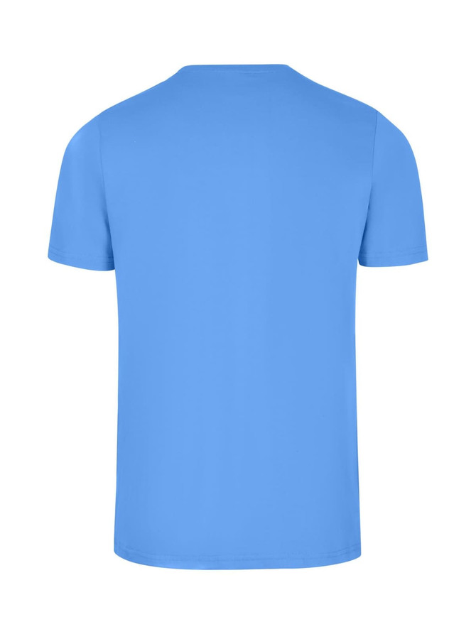 A blue men's slim fit T-shirt with a round neckline and short sleeves. It features a logo on the back.