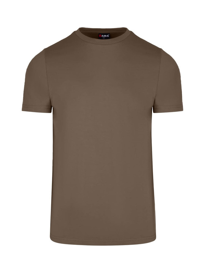 A khaki men's slim fit T-shirt with a round neckline and short sleeves, featuring a logo on the neckline.