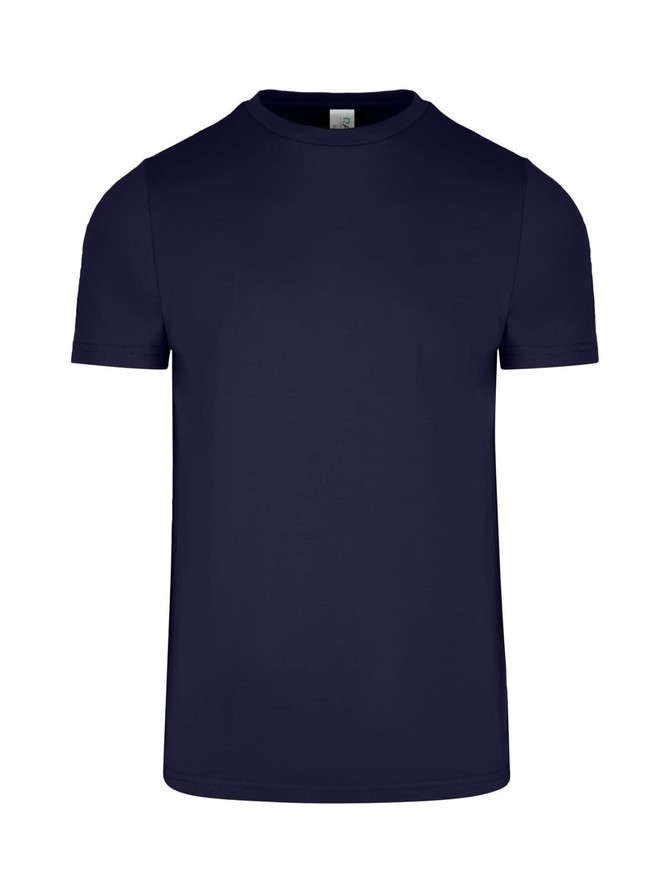 A navy blue men's slim fit T-shirt with a crew neck and short sleeves, featuring a logo.