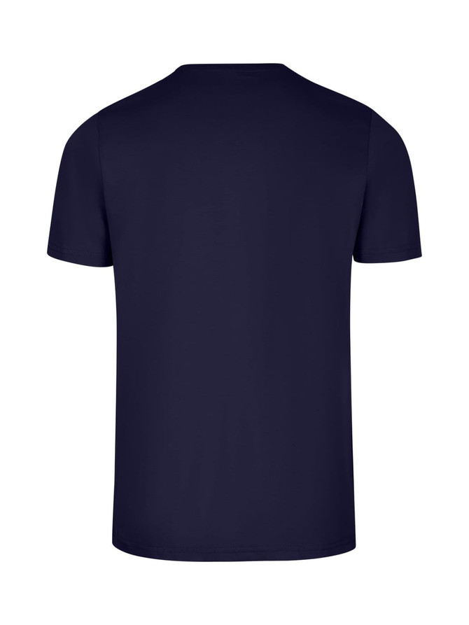 A navy blue men's slim fit T-shirt with a plain back view and short sleeves. It features a logo.