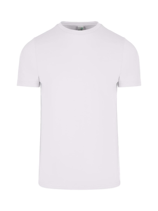 A white men's slim fit T-shirt with a crew neckline and short sleeves. It features a logo on the label.