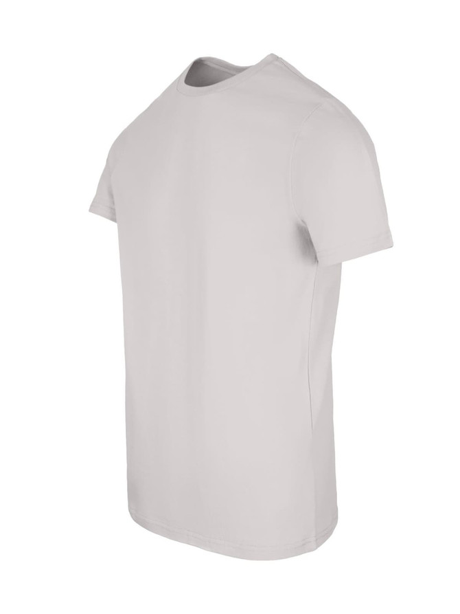 A men's slim fit T-shirt in a light colour, featuring a round neck and short sleeves, with a logo.