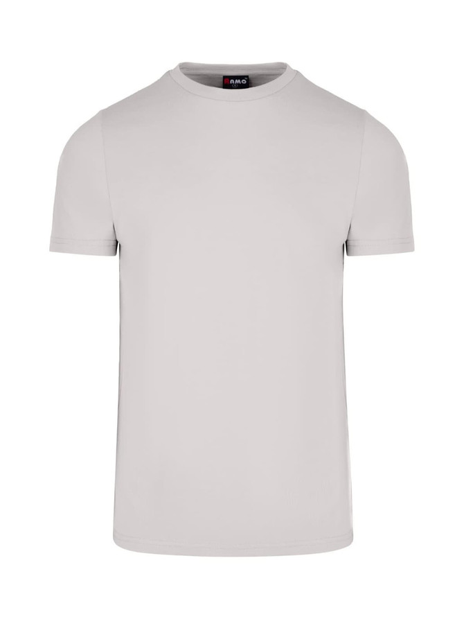 A light grey men's slim fit T-shirt with short sleeves and a round neck. It features a logo on the label.