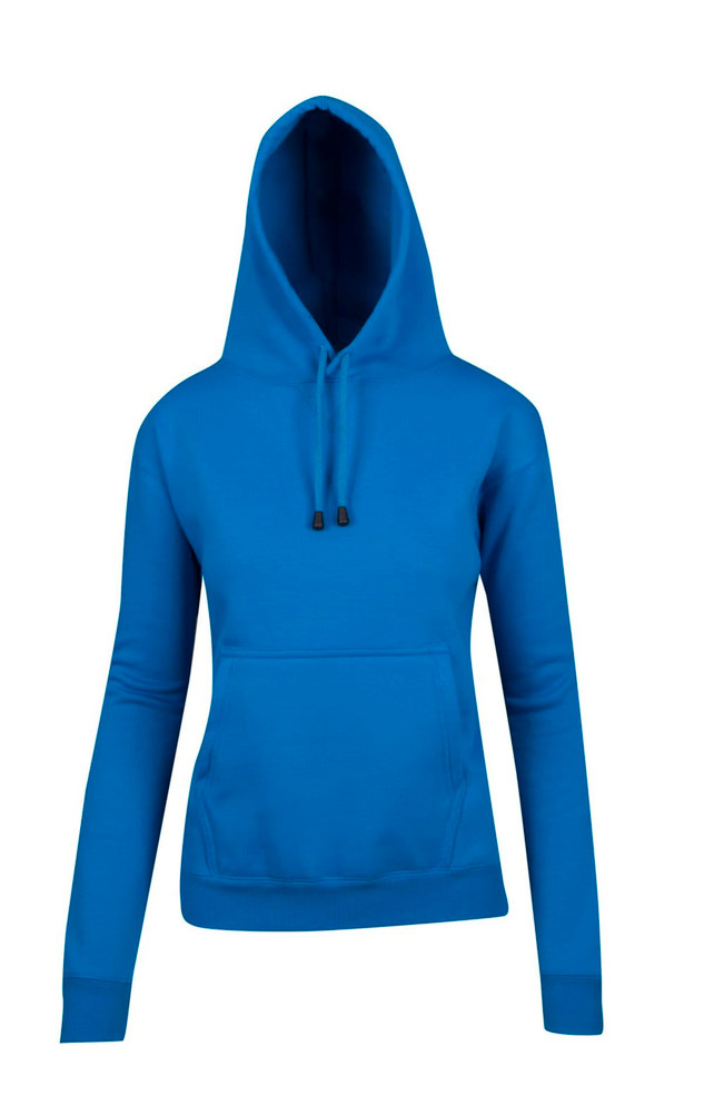 A bright blue women's juniors hoodie featuring a kangaroo pocket and a drawstring hood.