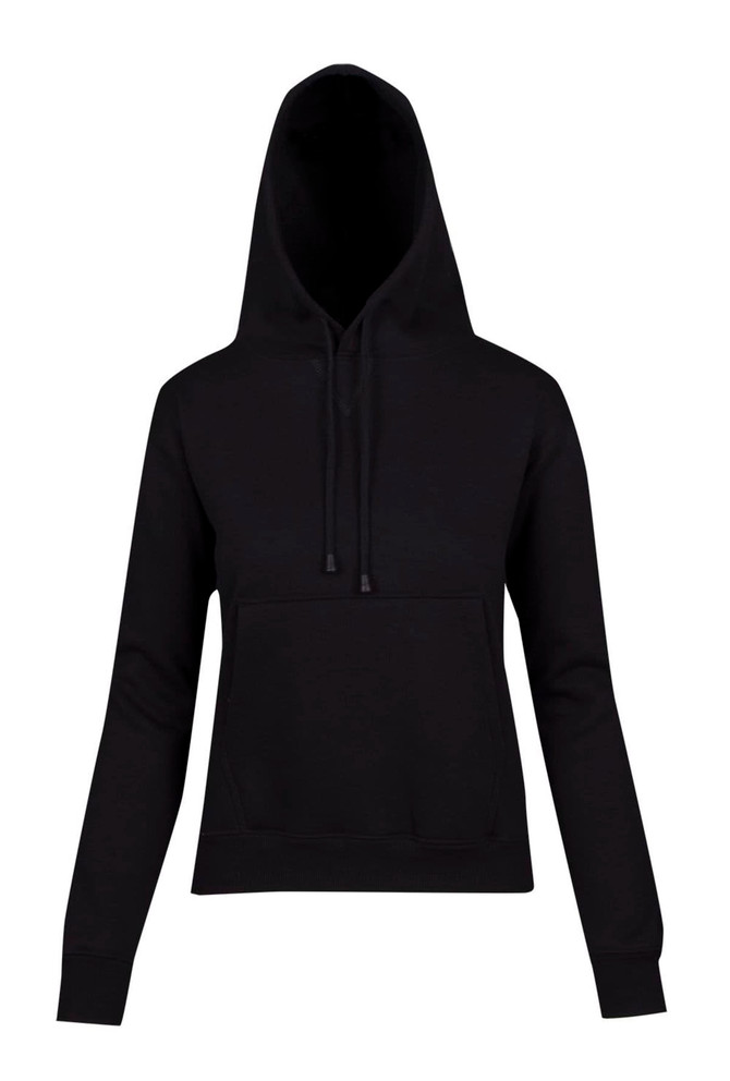 A black women's junior kangaroo pocket hoodie featuring a drawstring hood and long sleeves.