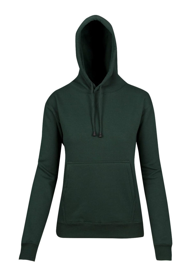 A dark green women's juniors hoodie featuring a kangaroo pocket and a drawstring hood. It has a logo.