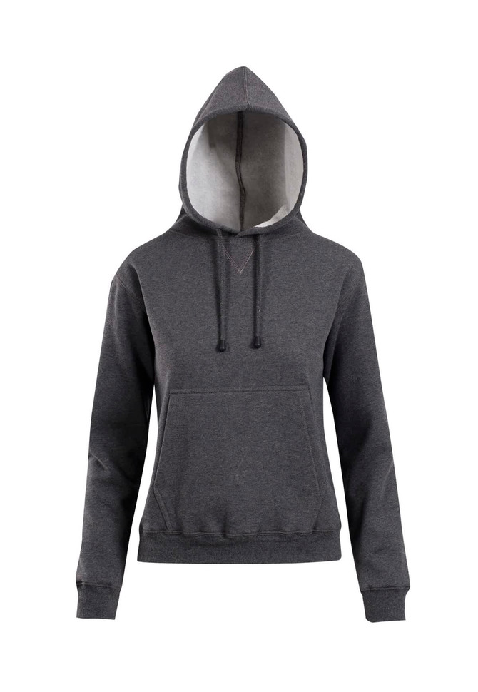 A grey women's juniors hoodie featuring a kangaroo pocket and a drawstring hood. The design includes a logo.