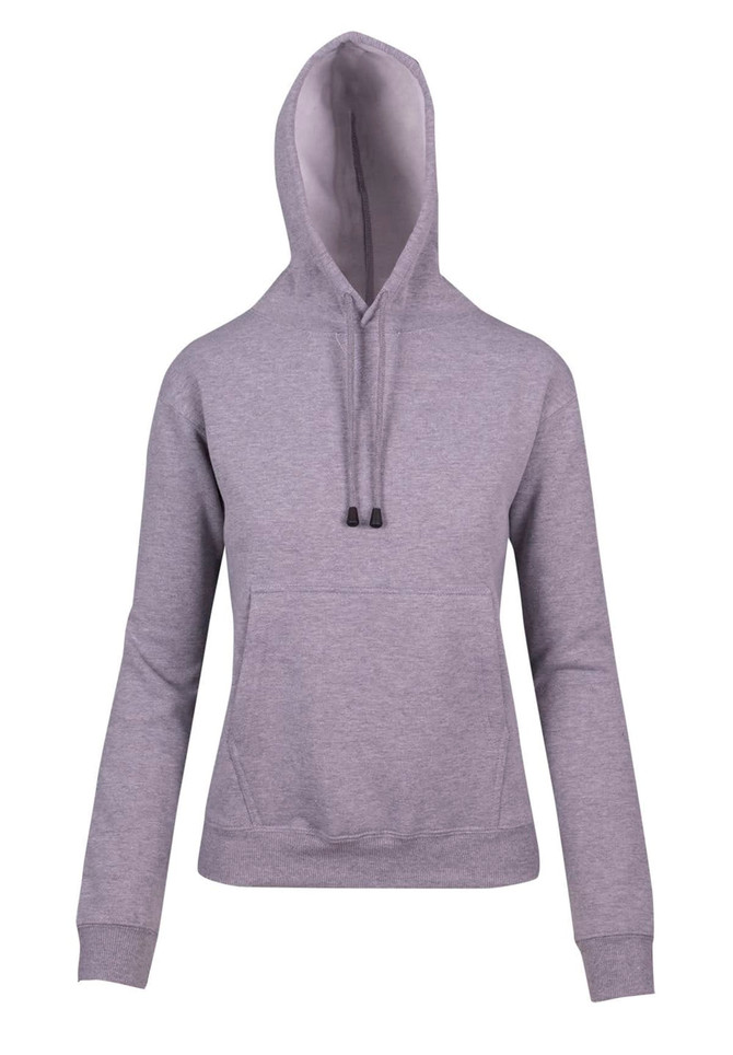 A grey women's juniors kangaroo pocket hoodie with a drawstring hood and cuffs. Features a logo.