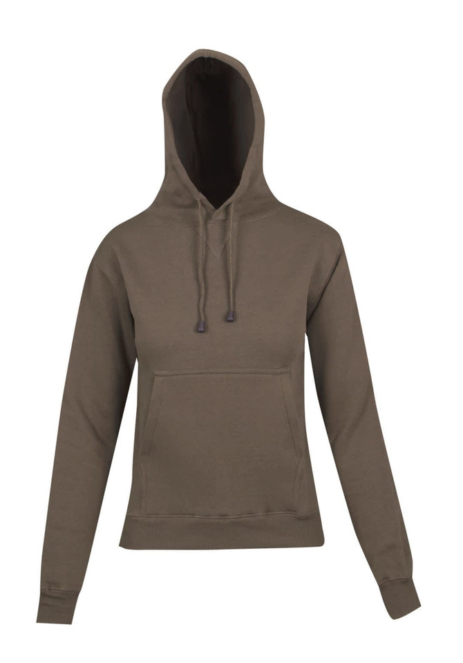 A women's juniors kangaroo pocket hoodie in olive green with a hood and long sleeves. It has a central pocket and a logo.