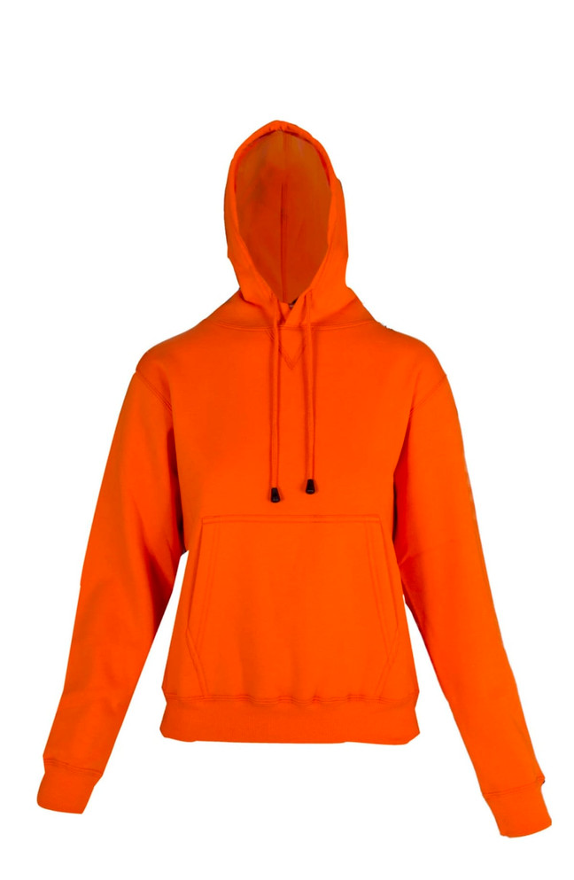 An orange kangaroo pocket hoodie with a hood and drawstrings. It features a central pocket and long sleeves.