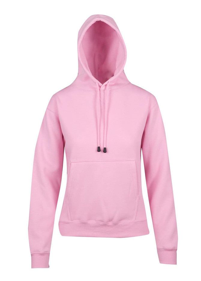 A pink women's juniors hoodie featuring a kangaroo pocket, hood, and drawstring. It includes branding.