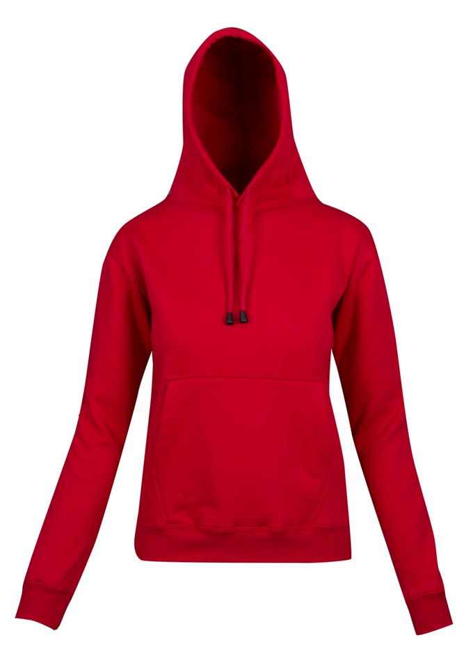 A red kangaroo pocket hoodie with a hood, featuring a front pouch and long sleeves. It has a logo on it.