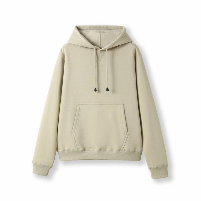 A women's juniors kangaroo pocket hoodie in a beige colour, featuring a large front pocket and a drawstring hood.