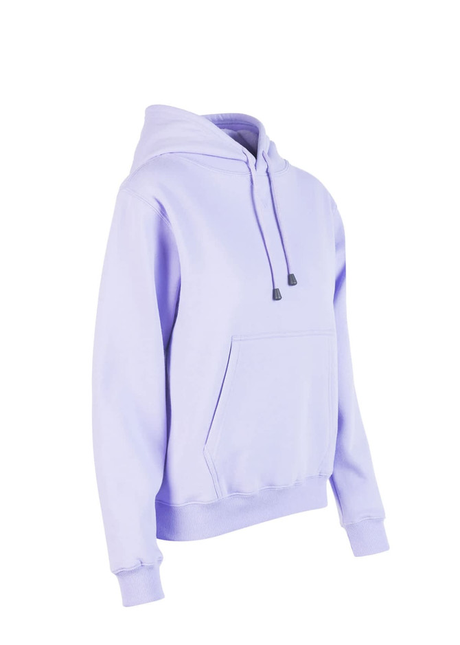 A lavender hoodie with a kangaroo pocket, featuring a drawstring hood and ribbed cuffs. It has a branding logo.