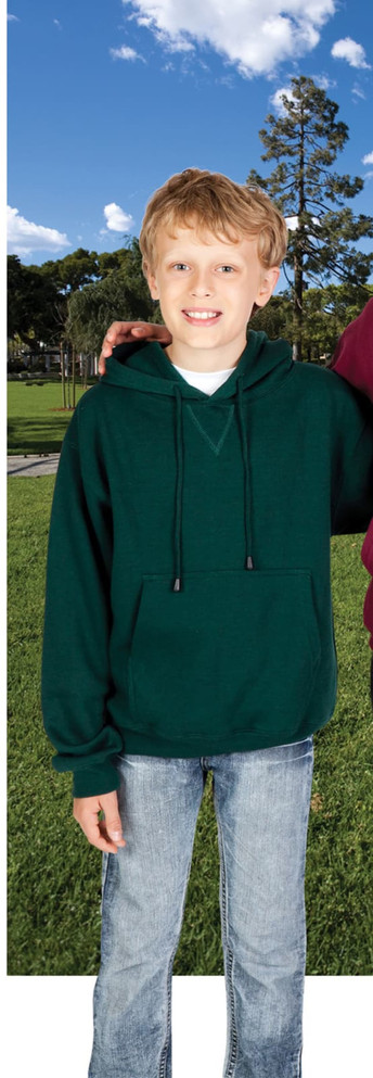 A green hoodie with a kangaroo pocket, featuring a hood and drawstrings, worn by a child outdoors.