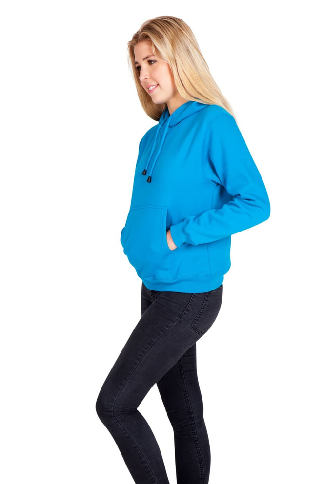 A vibrant blue women's kangaroo pocket hoodie with a relaxed fit and drawstring hood, paired with black jeans.